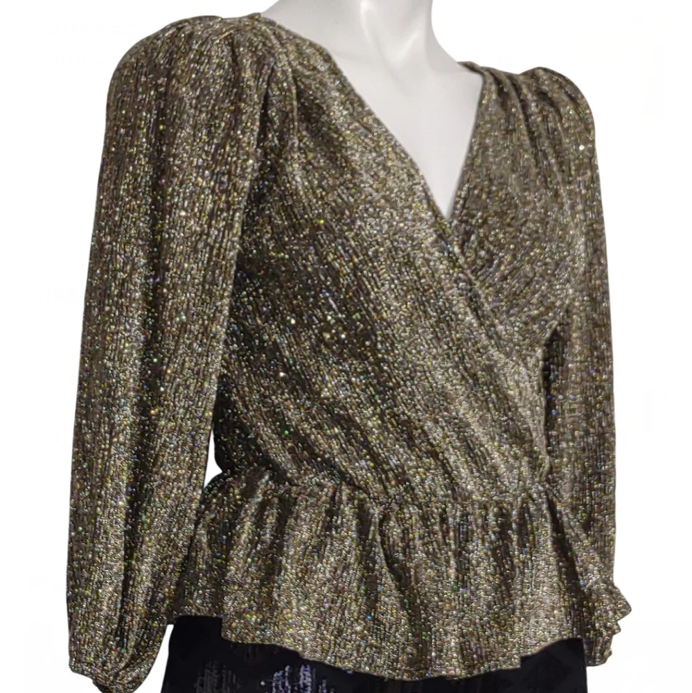Astr Gold Metallic Peplum Top Size XS Suplice Metallic Puff Sleeve